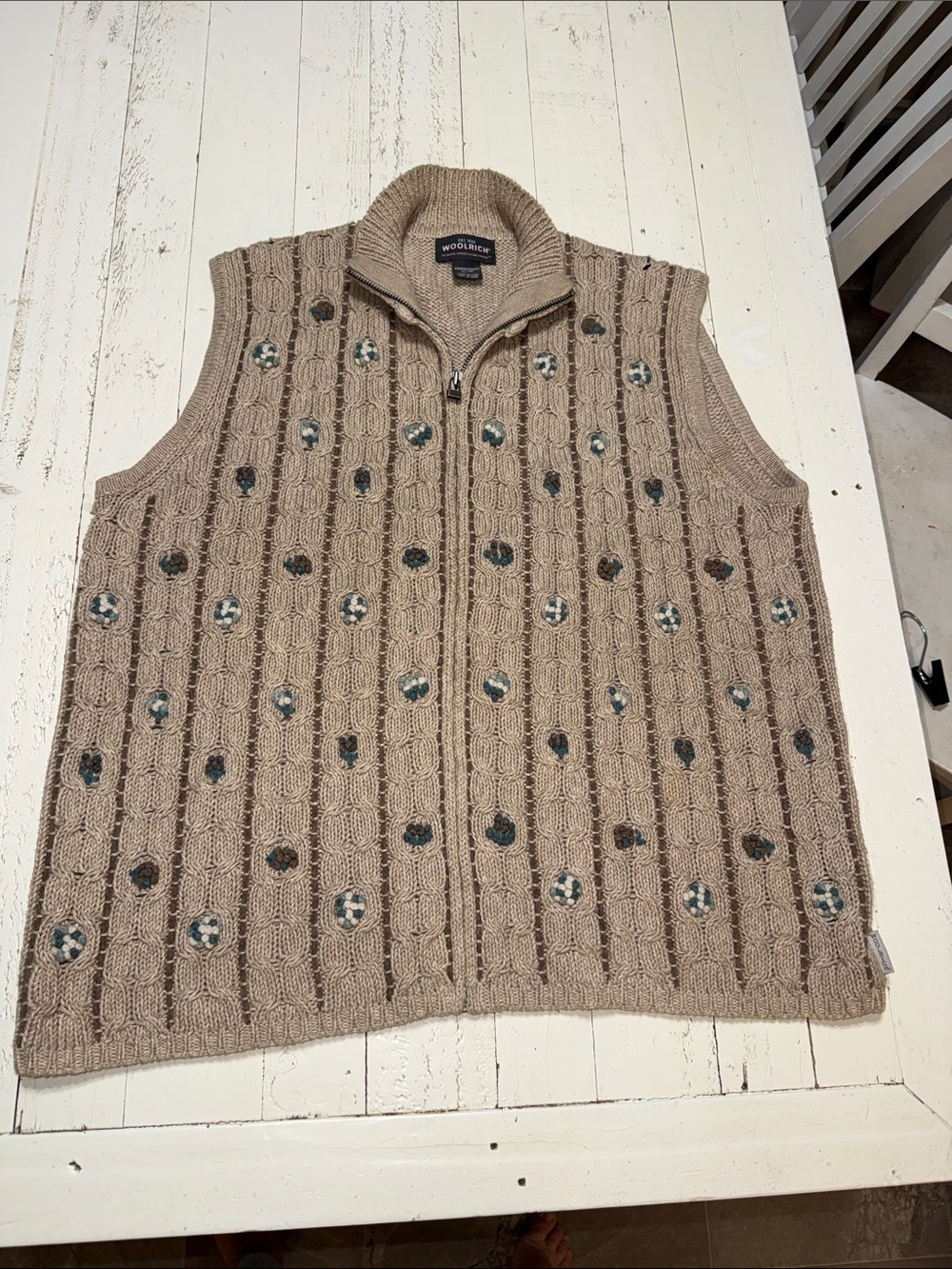 Vintage 80s Woolrich ladies Taupe Cable-Knit Zip sweater Vest XL EUC